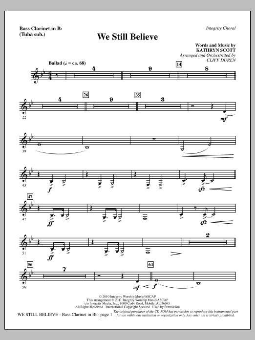 Cliff Duren We Still Believe - Bass Clarinet (sub. Tuba) Sheet Music Notes & Chords for Choir Instrumental Pak - Download or Print PDF