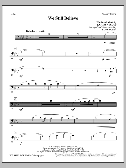Cliff Duren We Still Believe - Cello Sheet Music Notes & Chords for Choir Instrumental Pak - Download or Print PDF
