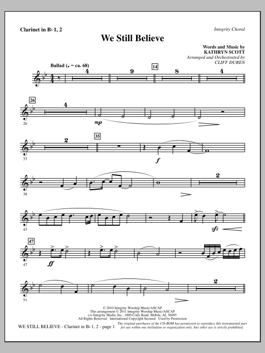 Cliff Duren We Still Believe - Clarinet 1 & 2 Sheet Music Notes & Chords for Choir Instrumental Pak - Download or Print PDF