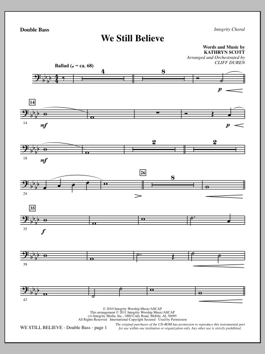 Cliff Duren We Still Believe - Double Bass Sheet Music Notes & Chords for Choir Instrumental Pak - Download or Print PDF