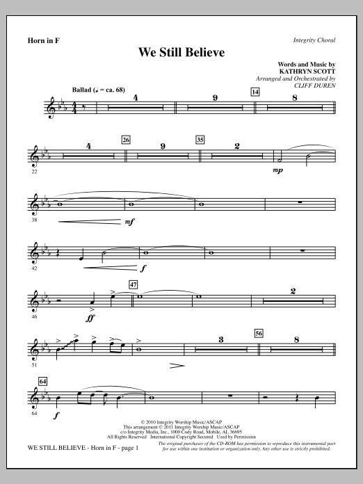 Cliff Duren We Still Believe - F Horn Sheet Music Notes & Chords for Choir Instrumental Pak - Download or Print PDF