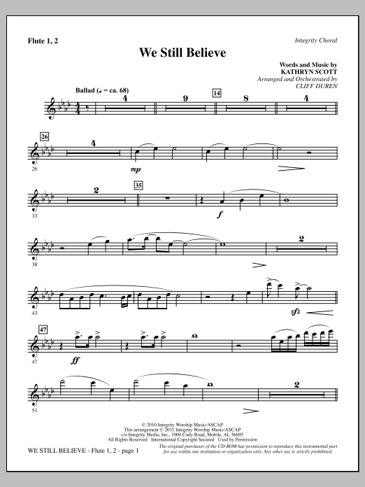 Cliff Duren We Still Believe - Flute 1 & 2 Sheet Music Notes & Chords for Choir Instrumental Pak - Download or Print PDF