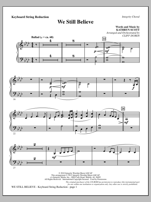Cliff Duren We Still Believe - Keyboard String Reduction Sheet Music Notes & Chords for Choir Instrumental Pak - Download or Print PDF