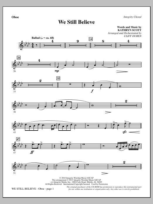 Cliff Duren We Still Believe - Oboe Sheet Music Notes & Chords for Choir Instrumental Pak - Download or Print PDF Cliff Duren We Still Believe - Oboe Sheet Music Notes & Chords for Choir Instrumental Pak - Download or Print PDF