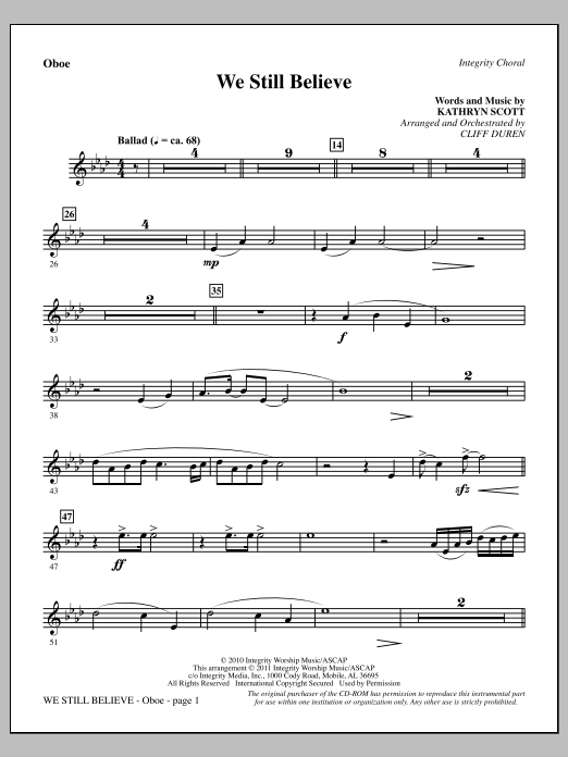 Cliff Duren We Still Believe - Oboe Sheet Music Notes & Chords for Choir Instrumental Pak - Download or Print PDF