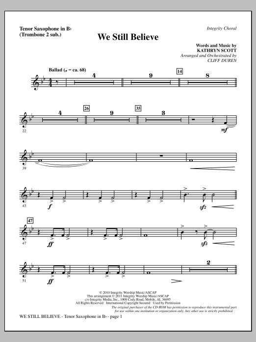 Cliff Duren We Still Believe - Tenor Sax (sub. Tbn 2) Sheet Music Notes & Chords for Choir Instrumental Pak - Download or Print PDF