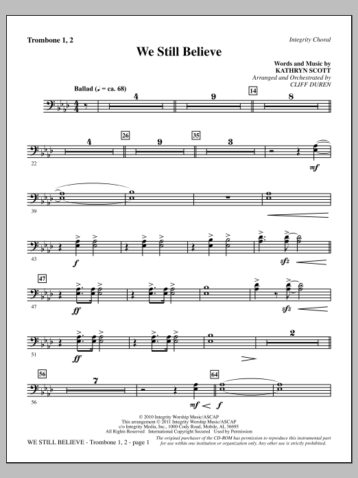 Cliff Duren We Still Believe - Trombone 1 & 2 Sheet Music Notes & Chords for Choir Instrumental Pak - Download or Print PDF