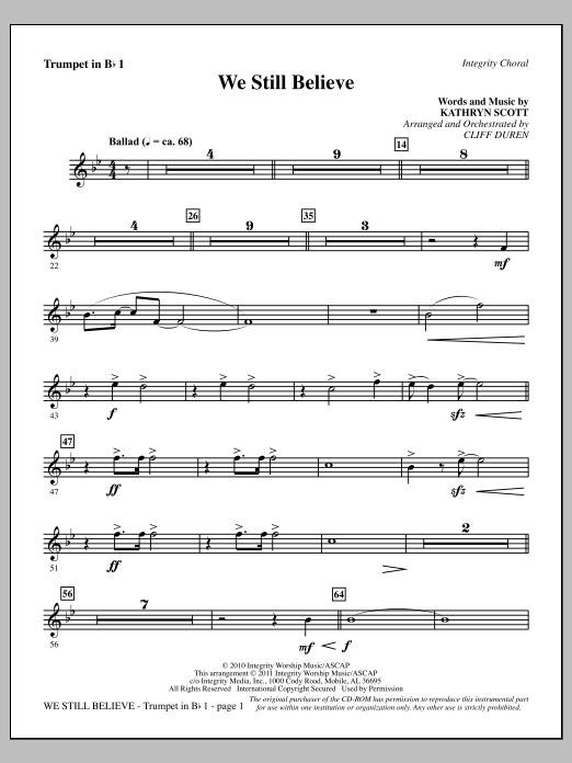 Cliff Duren We Still Believe - Trumpet 1 Sheet Music Notes & Chords for Choir Instrumental Pak - Download or Print PDF