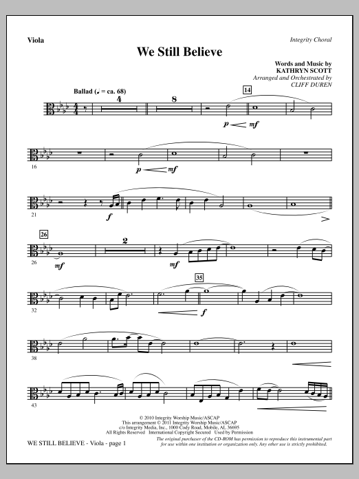 Cliff Duren We Still Believe - Viola Sheet Music Notes & Chords for Choir Instrumental Pak - Download or Print PDF