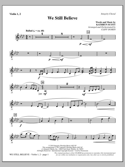 Cliff Duren We Still Believe - Violin 1, 2 Sheet Music Notes & Chords for Choir Instrumental Pak - Download or Print PDF