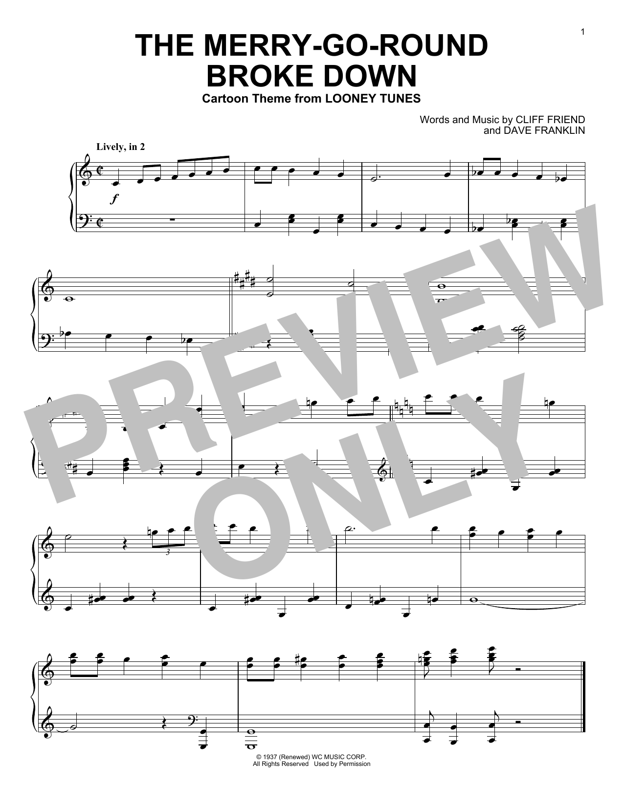 Cliff Friend & Dave Franklin The Merry-Go-Round Broke Down (from Looney Tunes) Sheet Music Notes & Chords for Piano Solo - Download or Print PDF