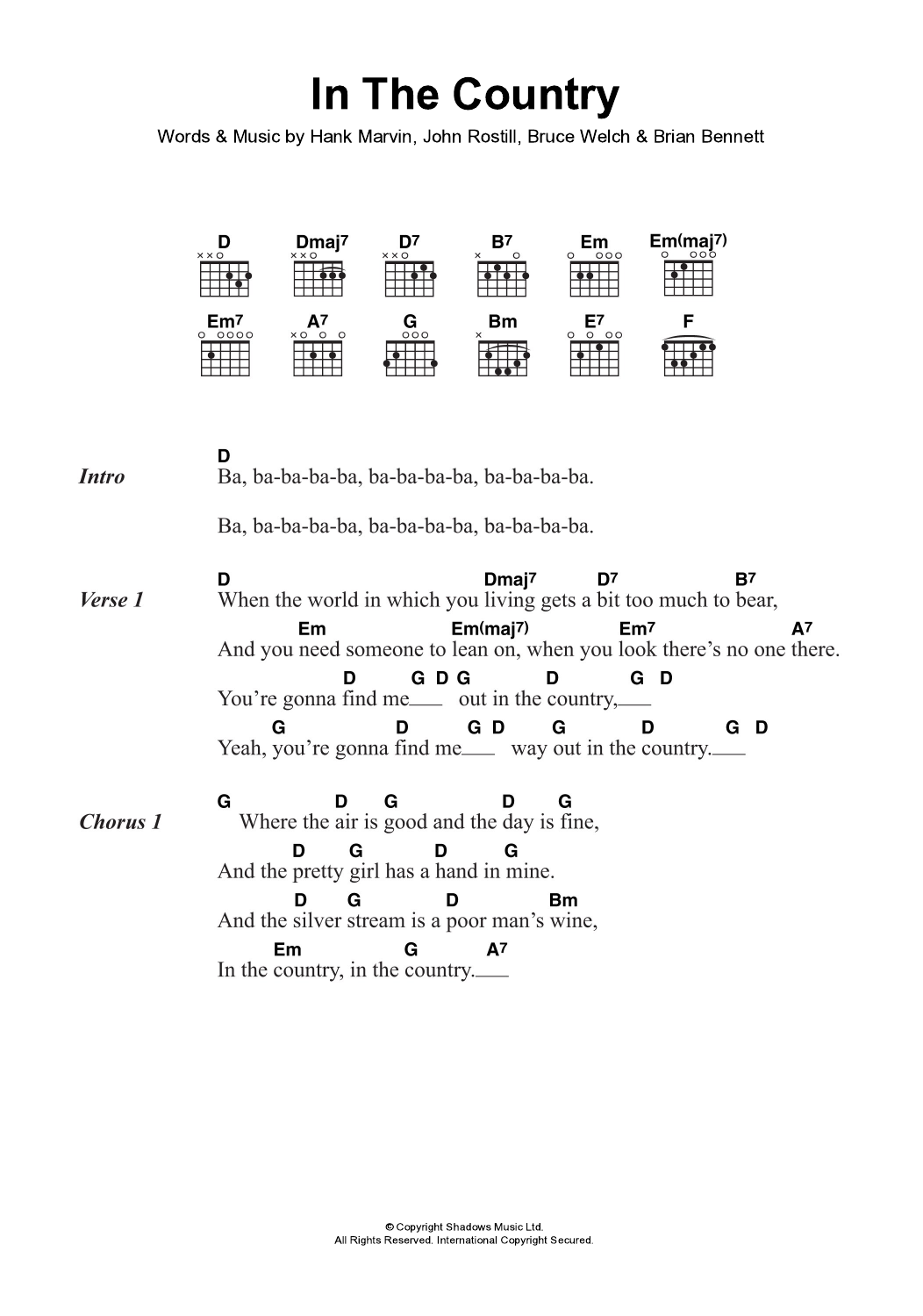 Cliff Richard & The Shadows In The Country Sheet Music Notes & Chords for Lyrics & Chords - Download or Print PDF