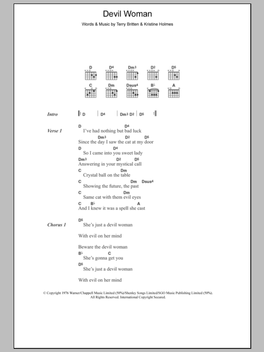 Cliff Richard Devil Woman Sheet Music Notes & Chords for Lyrics & Chords - Download or Print PDF