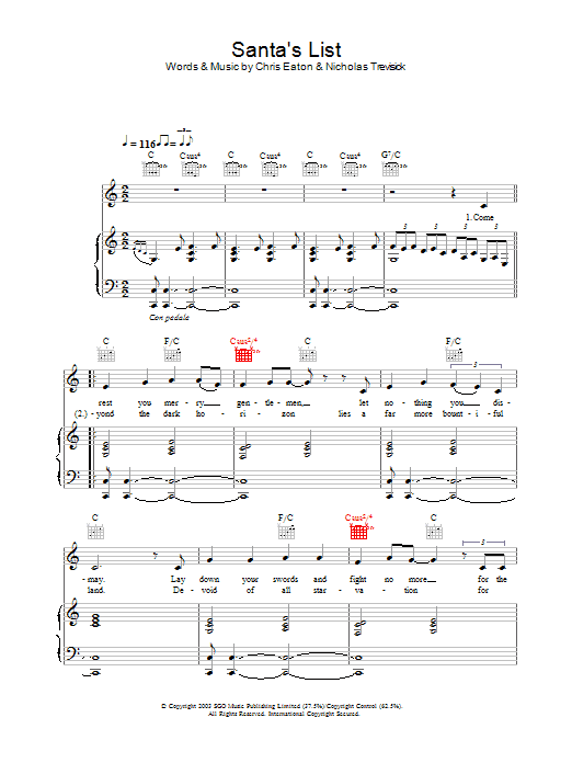 Cliff Richard Santa's List Sheet Music Notes & Chords for Piano, Vocal & Guitar - Download or Print PDF