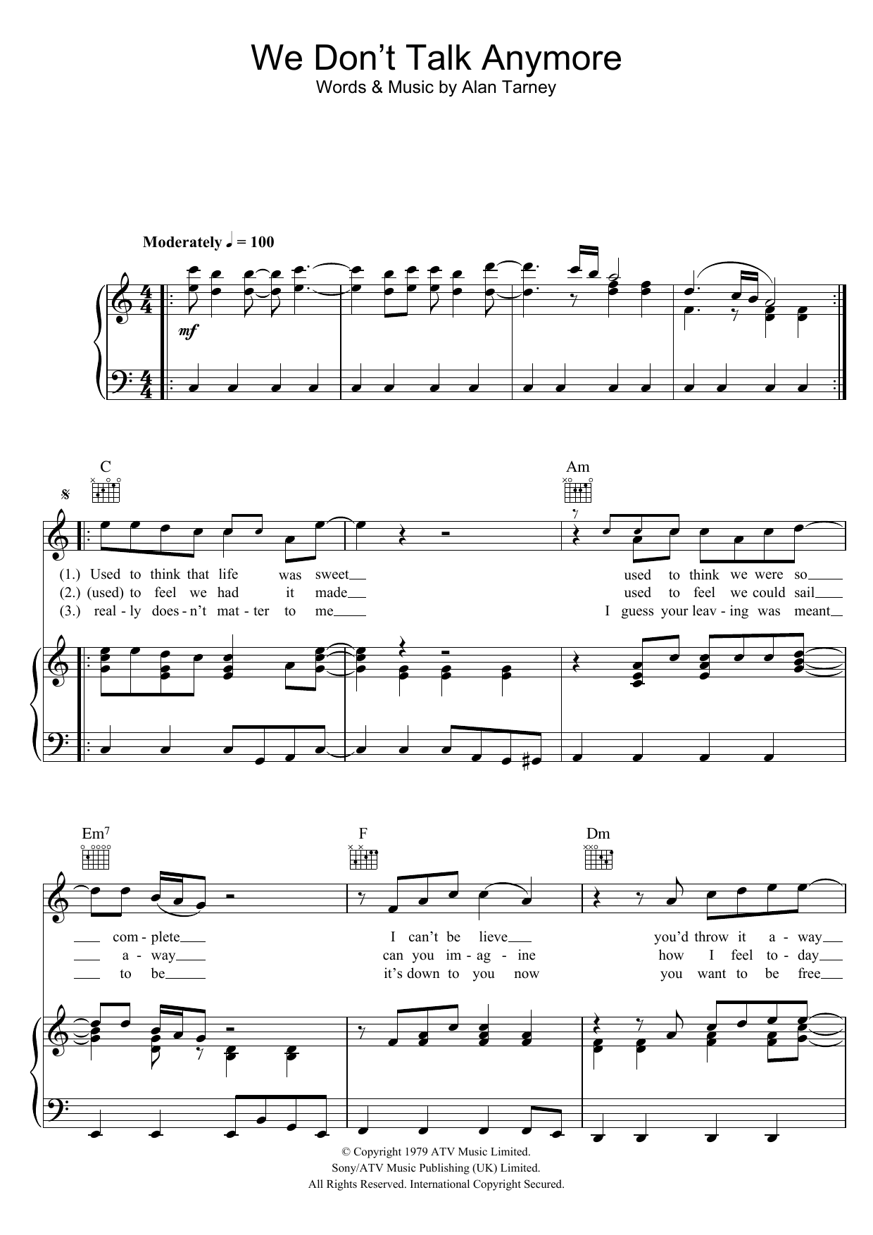 Cliff Richard We Don't Talk Anymore Sheet Music Notes & Chords for Piano, Vocal & Guitar (Right-Hand Melody) - Download or Print PDF