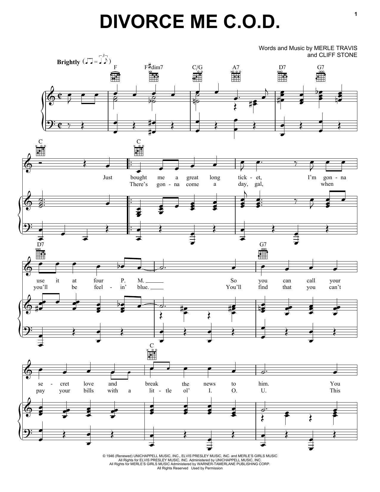 Cliff Stone Divorce Me C.O.D. Sheet Music Notes & Chords for Piano, Vocal & Guitar (Right-Hand Melody) - Download or Print PDF