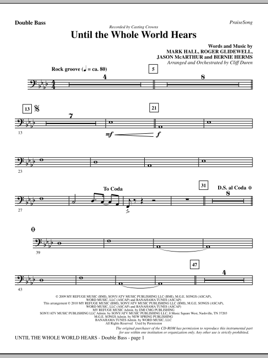 Preview Cliff Duren Until The Whole World Hears - Double Bass Christian sheet music, notes and chords for Choir Instrumental Pak, SKU: 296305 Until The Whole World Hears - Double Bass sheet music