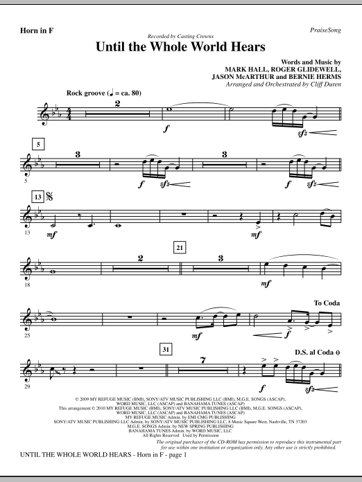 Preview Cliff Duren Until The Whole World Hears - F Horn Christian sheet music, notes and chords for Choir Instrumental Pak, SKU: 296297 Until The Whole World Hears - F Horn sheet music