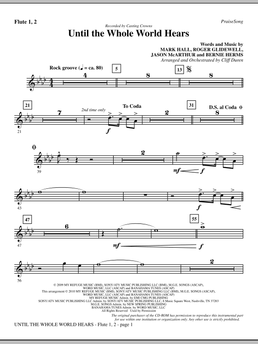 Preview Cliff Duren Until The Whole World Hears - Flute 1 & 2 Christian sheet music, notes and chords for Choir Instrumental Pak, SKU: 296292 Until The Whole World Hears - Flute 1 & 2 sheet music