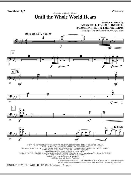 Preview Cliff Duren Until The Whole World Hears - Trombone 1 & 2 Christian sheet music, notes and chords for Choir Instrumental Pak, SKU: 296298 Until The Whole World Hears - Trombone 1 & 2 sheet music