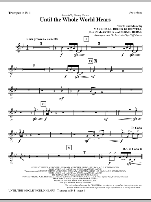 Preview Cliff Duren Until The Whole World Hears - Trumpet 1 Christian sheet music, notes and chords for Choir Instrumental Pak, SKU: 296295 Until The Whole World Hears - Trumpet 1 sheet music