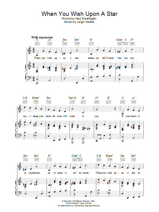 Preview Cliff Edwards When You Wish Upon A Star (from Disney's Pinocchio) Film and TV sheet music, notes and chords for Piano, Vocal & Guitar (Right-Hand Melody), SKU: 33611 When You Wish Upon A Star (from Disney's Pinocchio) sheet music