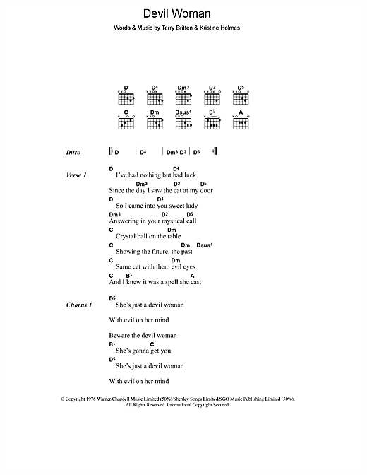 Cliff Richard Devil Woman Sheet Music Notes & Chords for Lyrics & Chords - Download or Print PDF