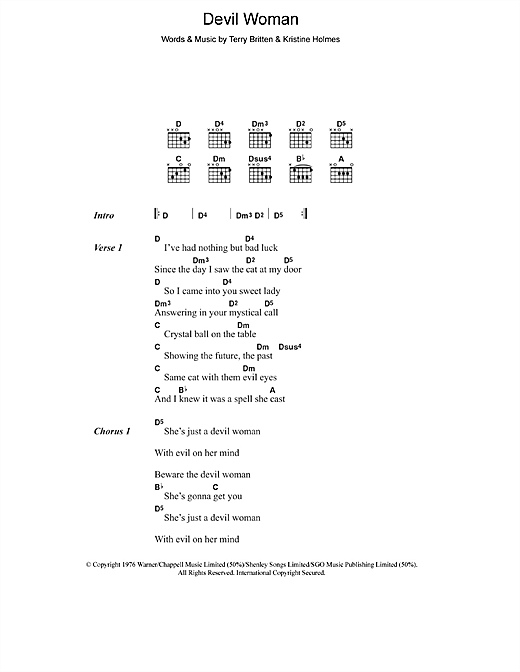 Preview Cliff Richard Devil Woman Pop sheet music, notes and chords for Lyrics & Chords, SKU: 48447 Devil Woman sheet music