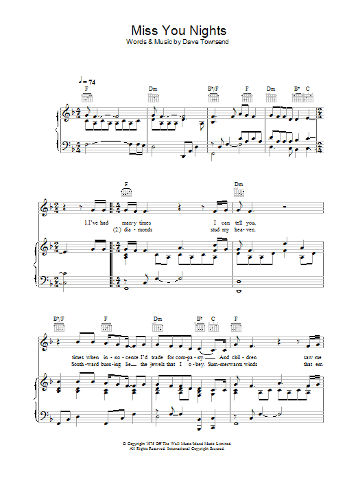 Preview Cliff Richard Miss You Nights Pop sheet music, notes and chords for Piano, Vocal & Guitar (Right-Hand Melody), SKU: 33513 Miss You Nights sheet music