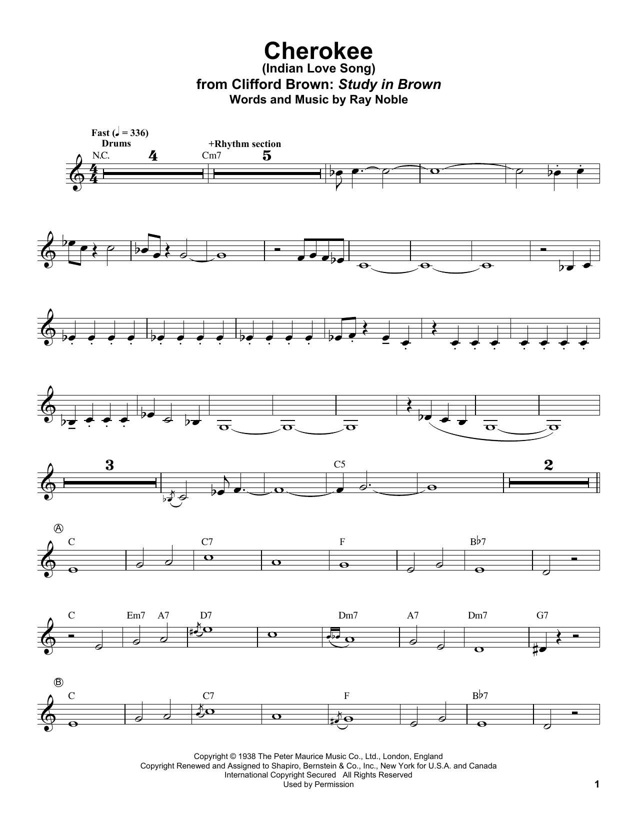 Clifford Brown Cherokee (Indian Love Song) Sheet Music Notes & Chords for Trumpet Transcription - Download or Print PDF