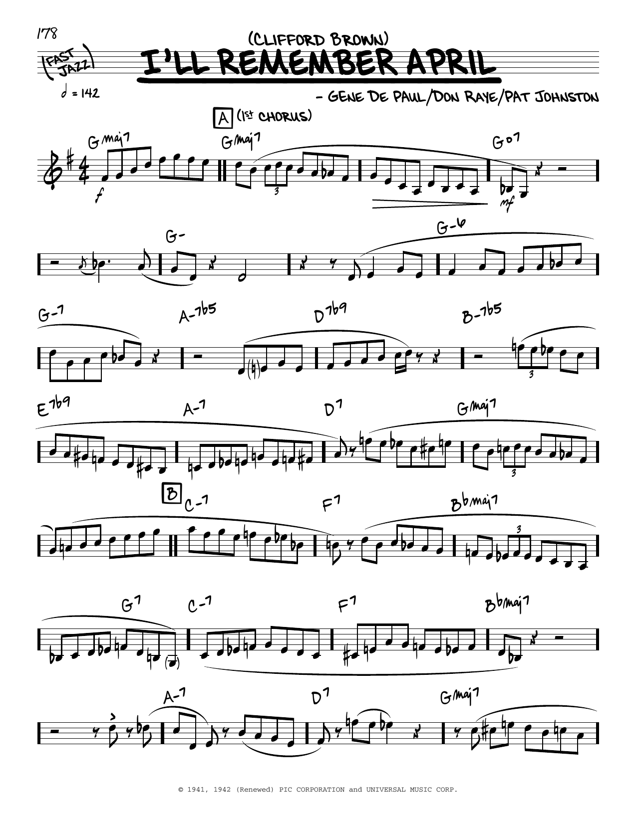 Clifford Brown I'll Remember April (solo only) Sheet Music Notes & Chords for Real Book – Melody & Chords - Download or Print PDF
