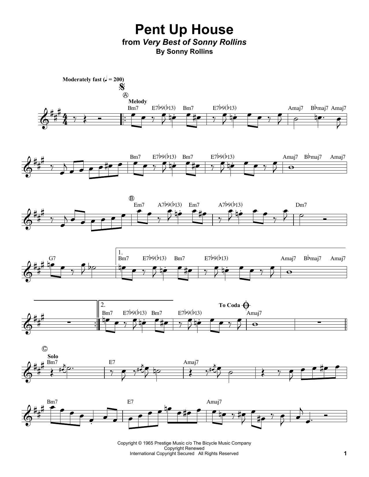 Clifford Brown Pent Up House Sheet Music Notes & Chords for Trumpet Transcription - Download or Print PDF