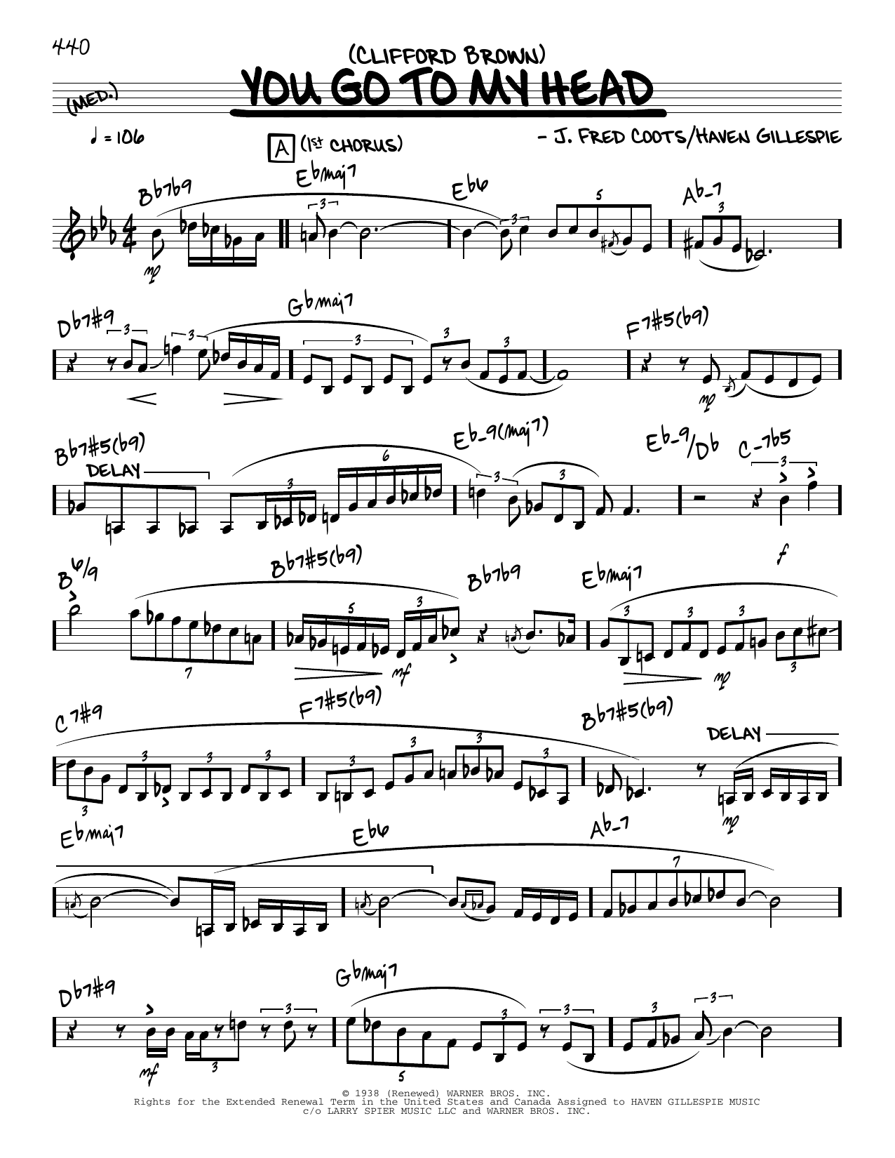 Clifford Brown You Go To My Head (solo only) Sheet Music Notes & Chords for Real Book – Melody & Chords - Download or Print PDF