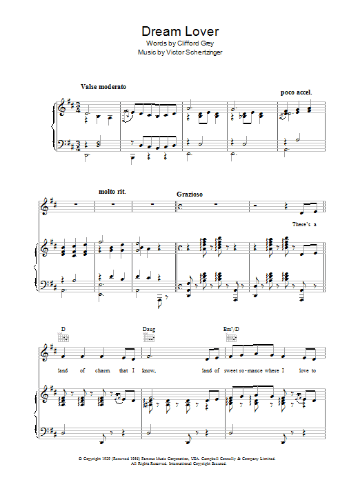 Clifford Grey Dream Lover Sheet Music Notes & Chords for Piano, Vocal & Guitar (Right-Hand Melody) - Download or Print PDF