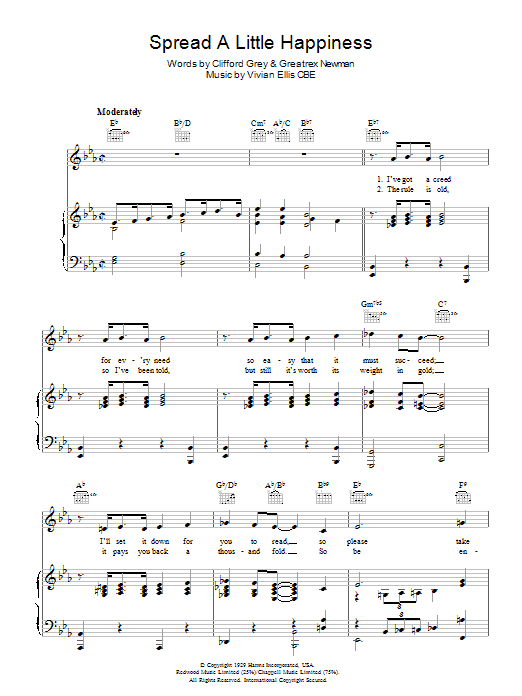 Clifford Grey Spread A Little Happiness Sheet Music Notes & Chords for Piano, Vocal & Guitar (Right-Hand Melody) - Download or Print PDF