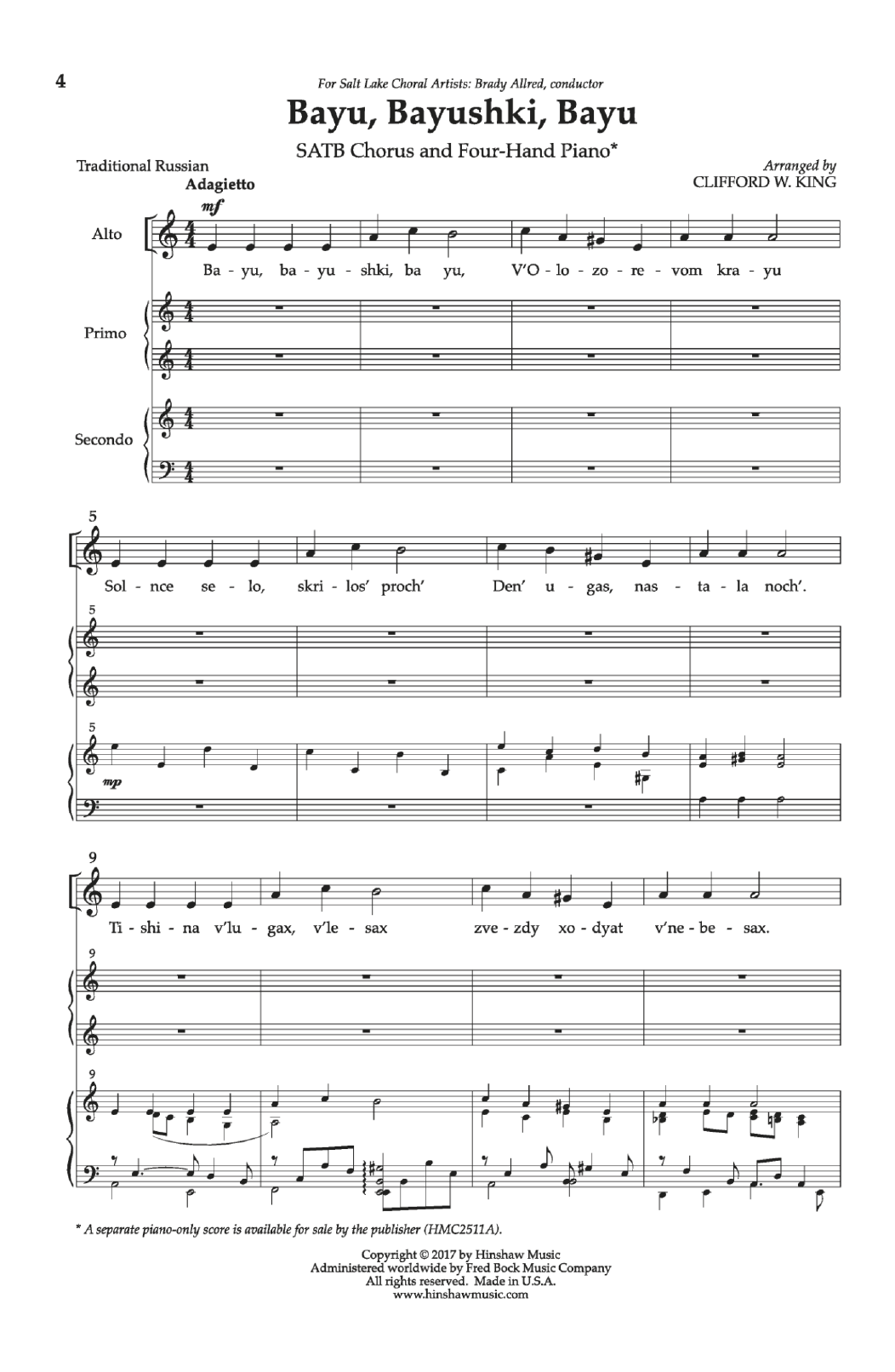 Clifford W. King Bayu, Bayushki, Bayu Sheet Music Notes & Chords for Choral - Download or Print PDF