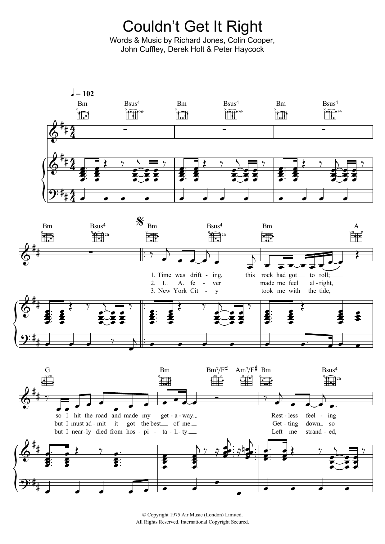 Climax Blues Band Couldn't Get It Right Sheet Music Notes & Chords for Lyrics & Piano Chords - Download or Print PDF