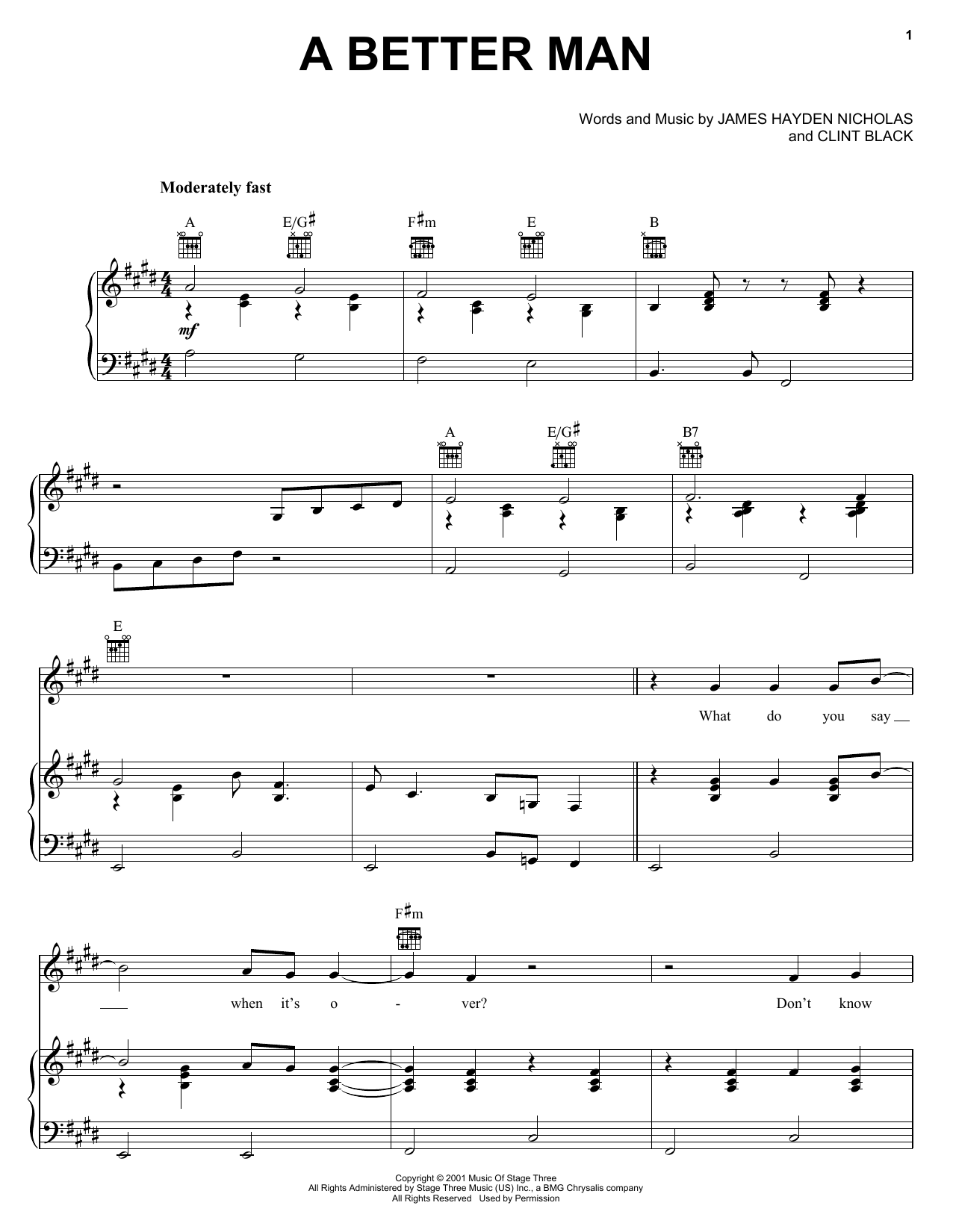 Clint Black A Better Man Sheet Music Notes & Chords for Melody Line, Lyrics & Chords - Download or Print PDF