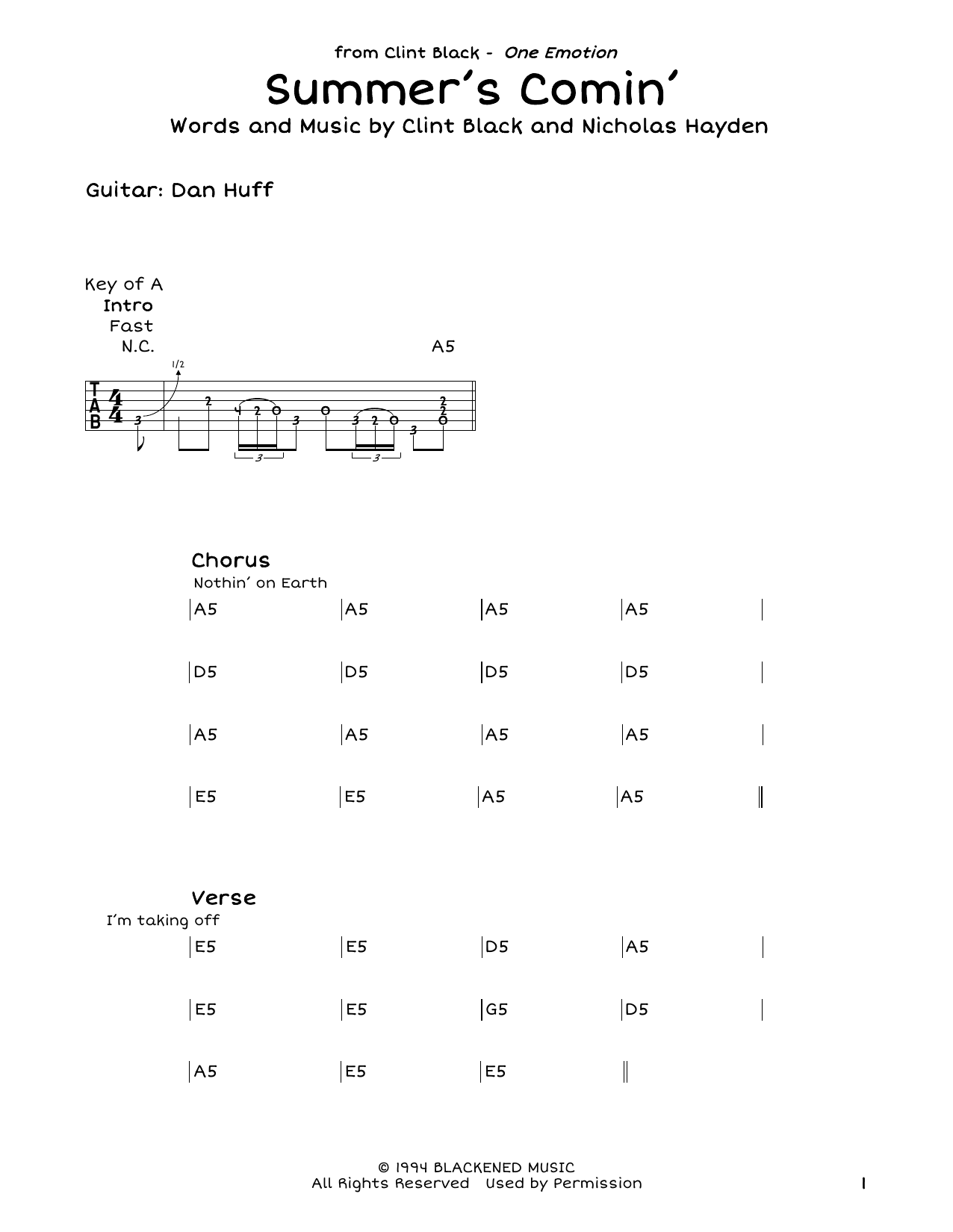 Clint Black Summer's Comin' Sheet Music Notes & Chords for Guitar Tab - Download or Print PDF