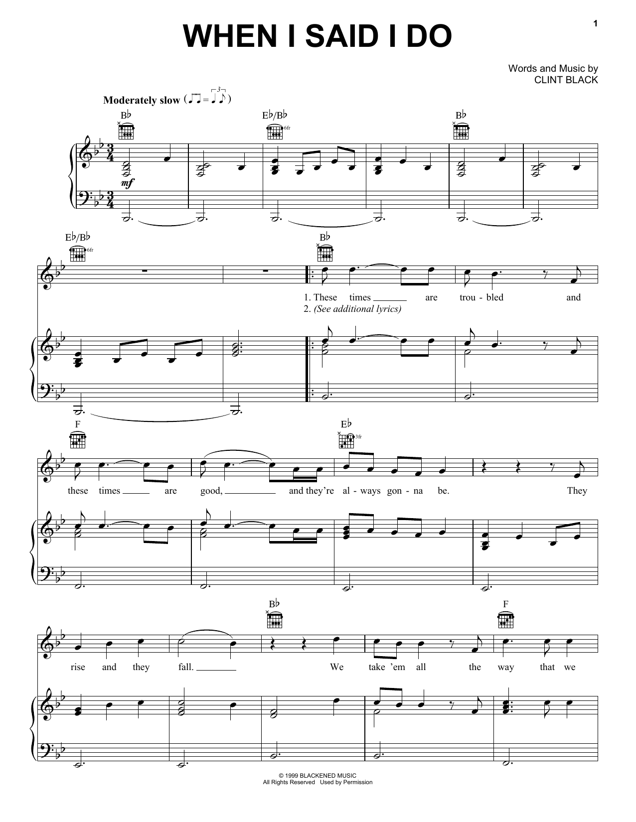 Clint Black When I Said I Do Sheet Music Notes & Chords for Piano, Vocal & Guitar (Right-Hand Melody) - Download or Print PDF