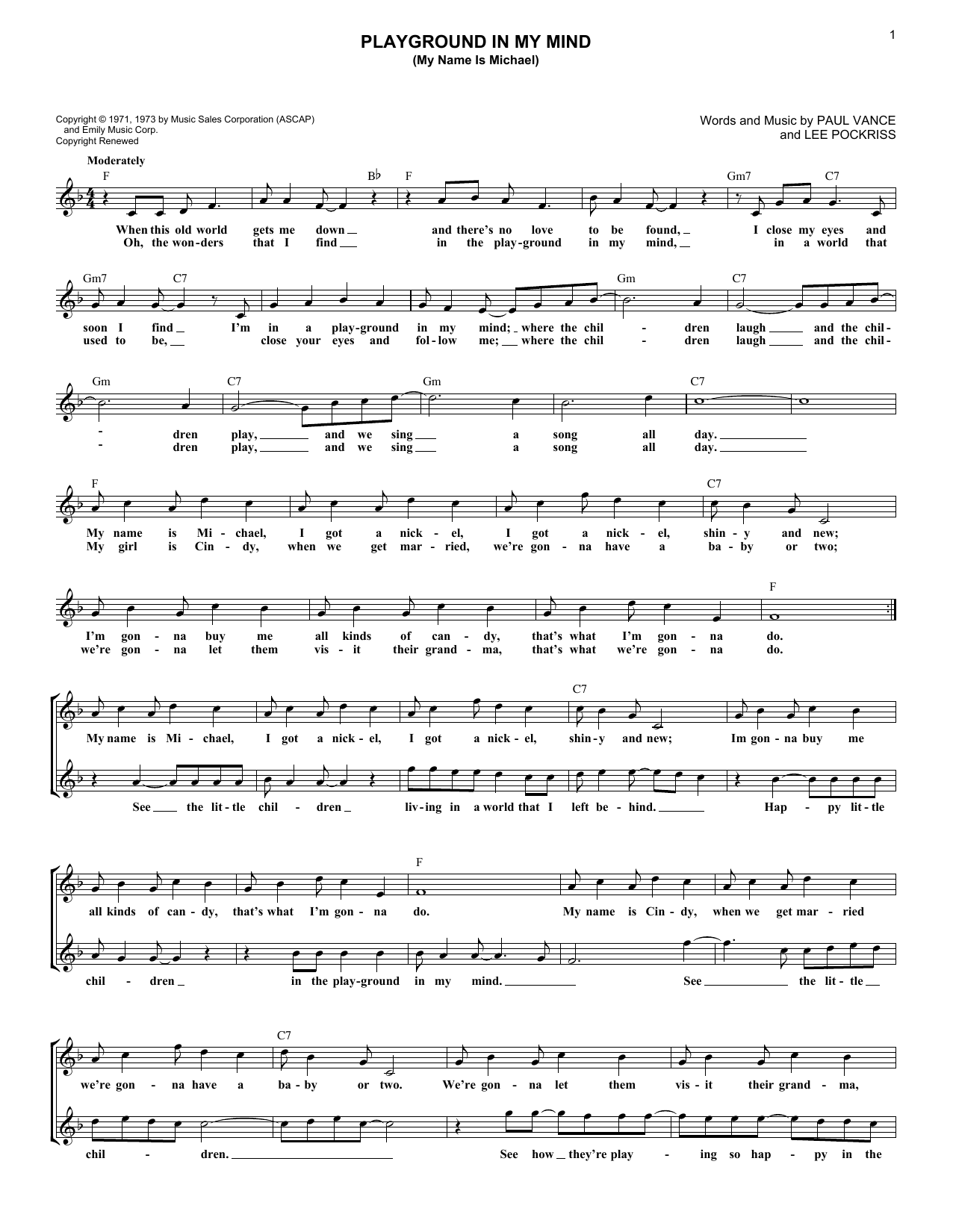 Clint Holmes Playground In My Mind (My Name Is Michael) Sheet Music Notes & Chords for Melody Line, Lyrics & Chords - Download or Print PDF