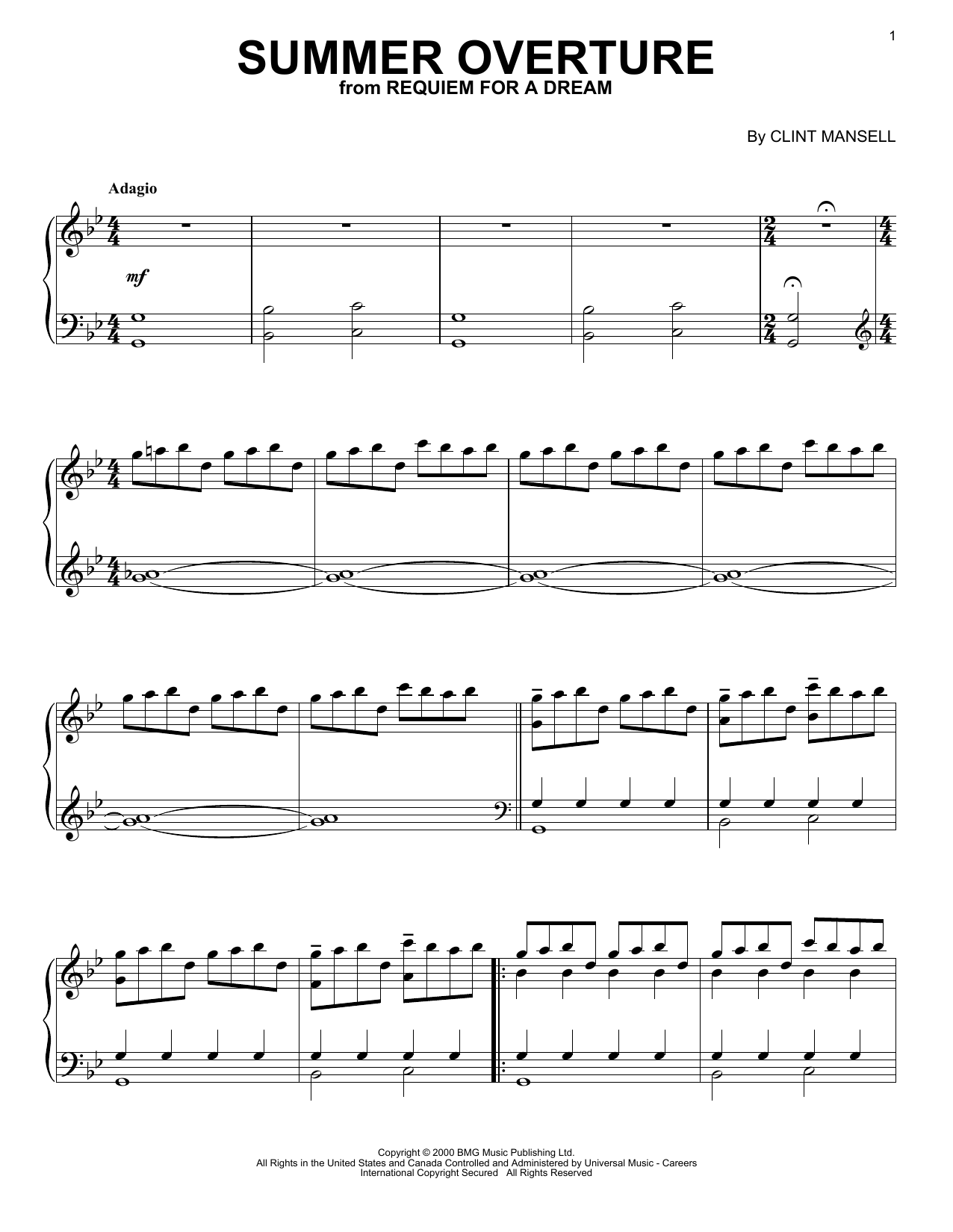 Clint Mansell Summer Overture (from Requiem For A Dream) Sheet Music Notes & Chords for Piano, Vocal & Guitar (Right-Hand Melody) - Download or Print PDF
