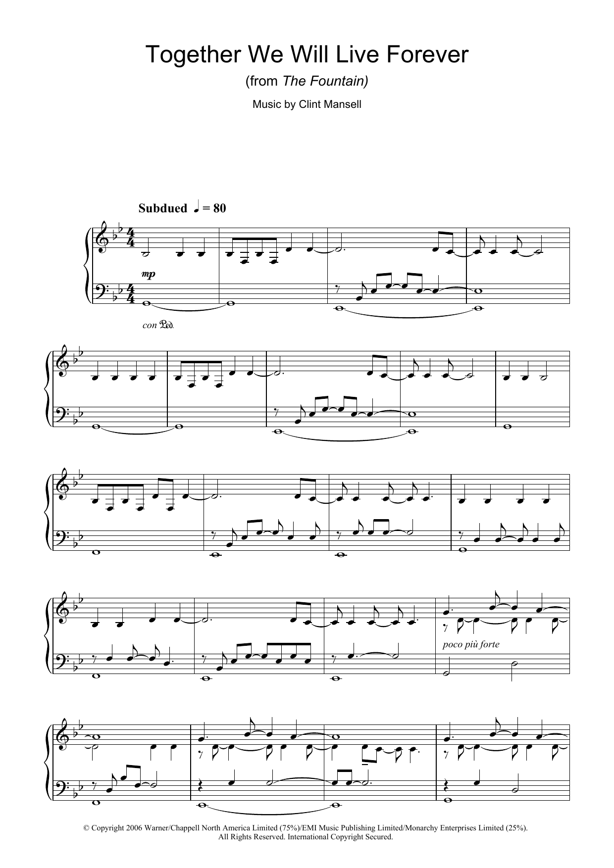 Clint Mansell Together We Will Live Forever (from The Fountain) Sheet Music Notes & Chords for Easy Piano - Download or Print PDF