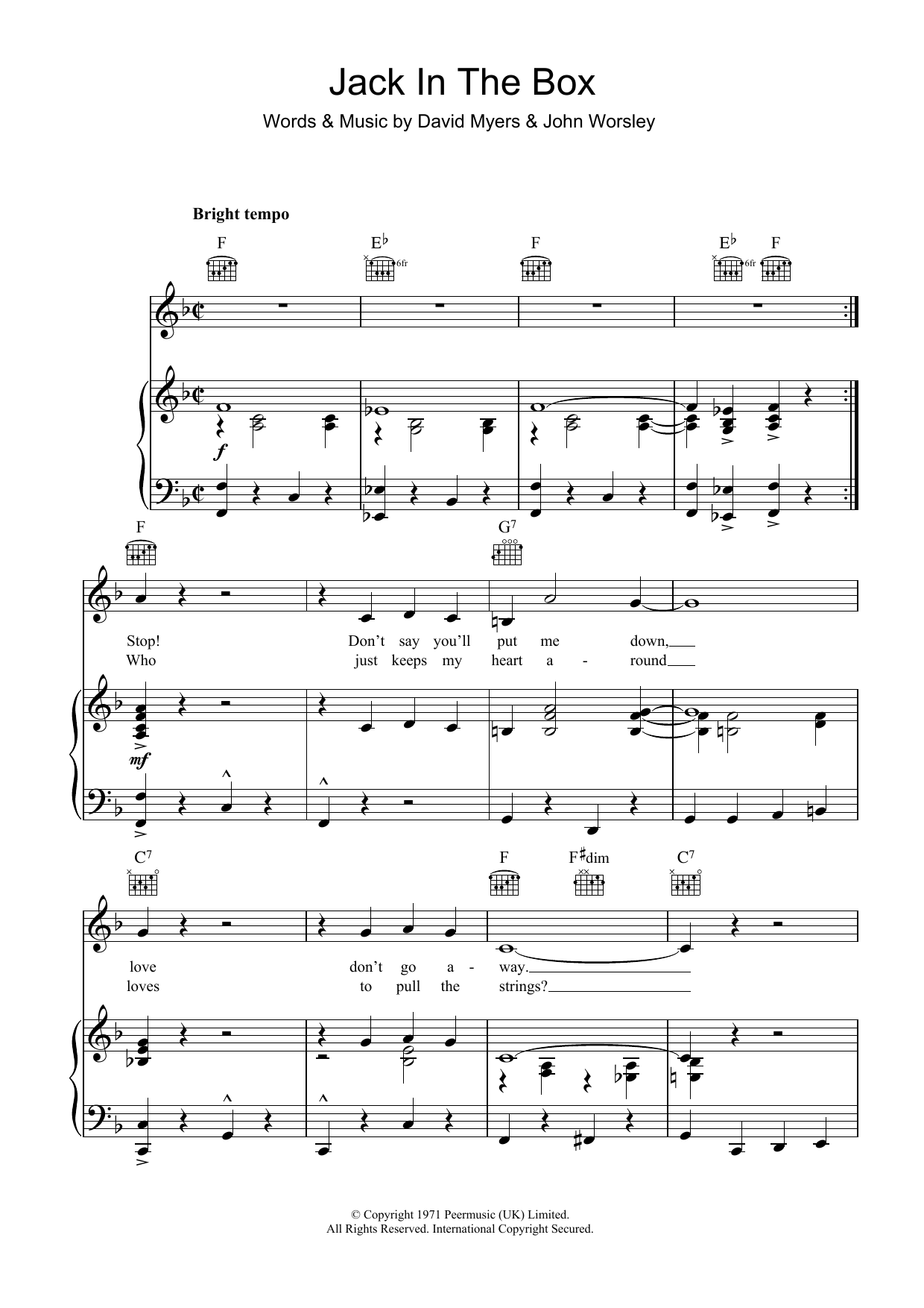 Clodagh Rodgers Jack In The Box Sheet Music Notes & Chords for Piano, Vocal & Guitar (Right-Hand Melody) - Download or Print PDF