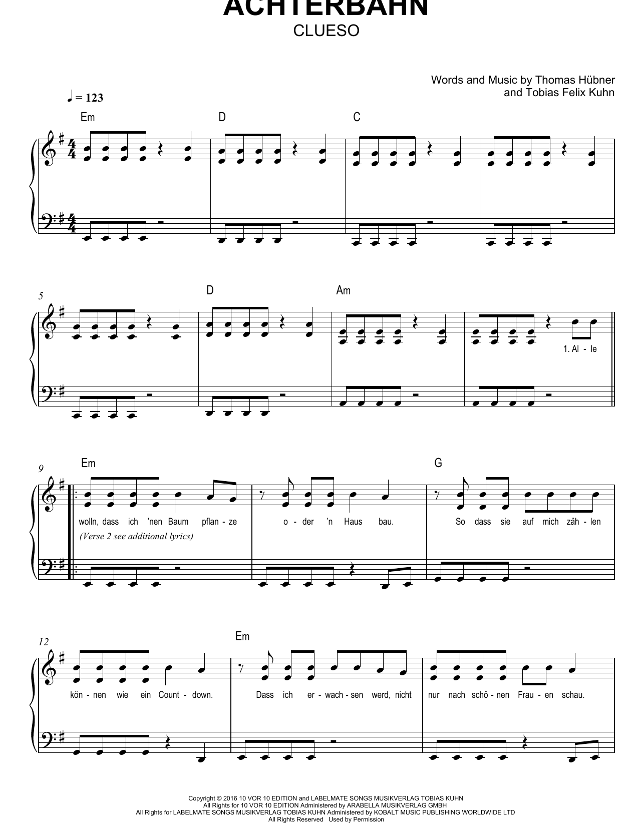 Clueso Achterbahn Sheet Music Notes & Chords for Easy Piano - Download or Print PDF
