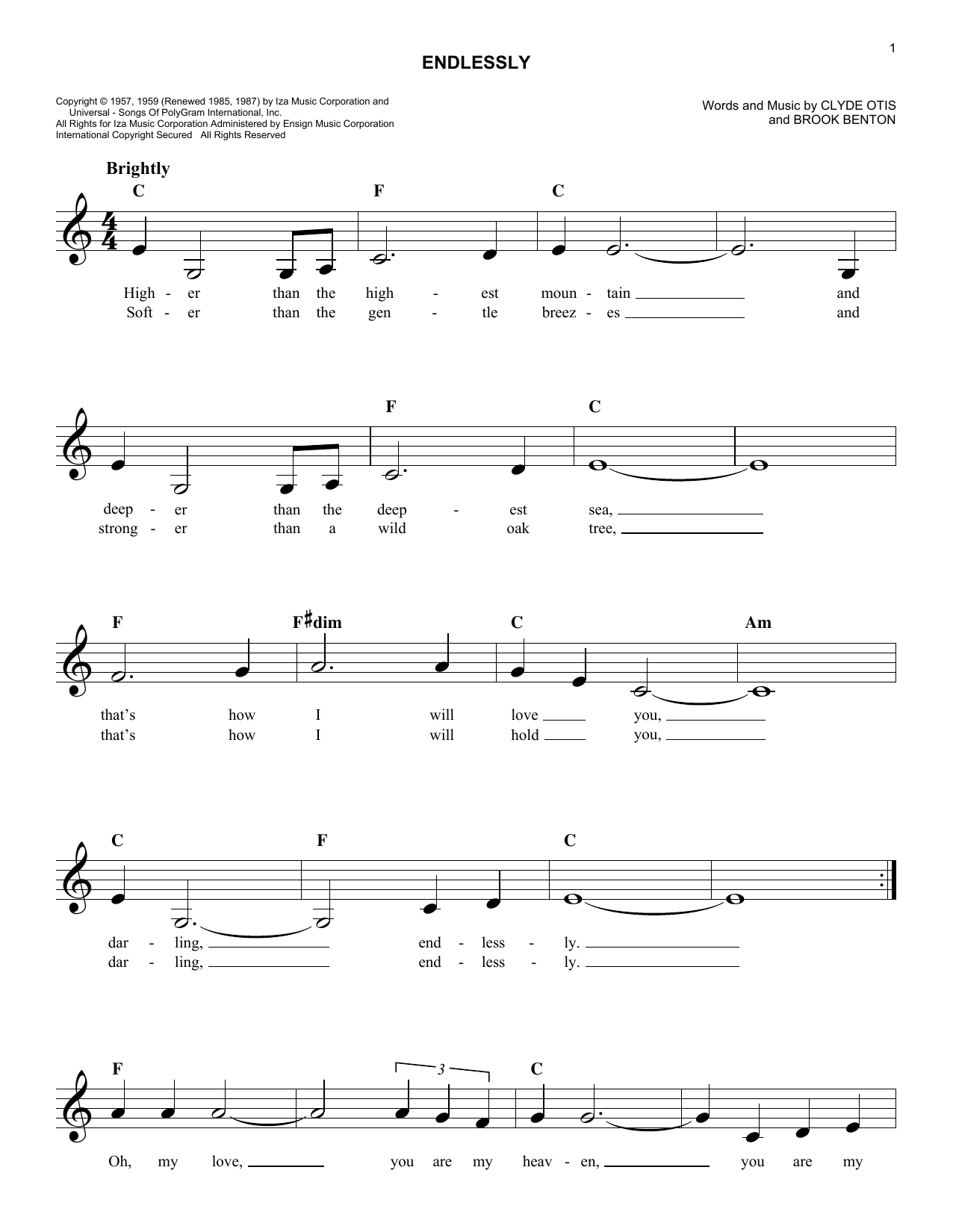 Clyde Otis Endlessly Sheet Music Notes & Chords for Melody Line, Lyrics & Chords - Download or Print PDF