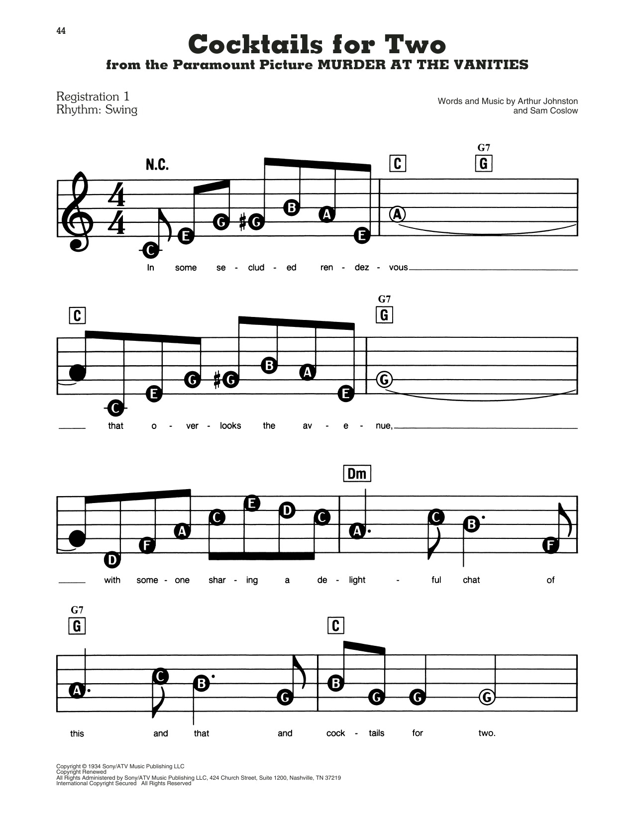 Preview Sam Coslow Cocktails For Two Folk sheet music, notes and chords for Easy Piano, SKU: 179728 sheet music, piano notes, chords, guitar tabs, score, transpose, transcribe, how to play, guide, download, learn, tutorial, progression, song, artist, awards, billboard, mtv, vh1, tour, single, album, release