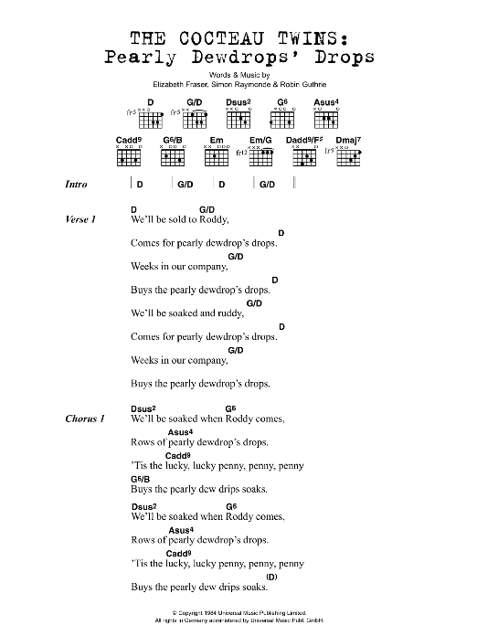 The Cocteau Twins Pearly Dewdrops' Drops Sheet Music Notes & Chords for Lyrics & Chords - Download or Print PDF