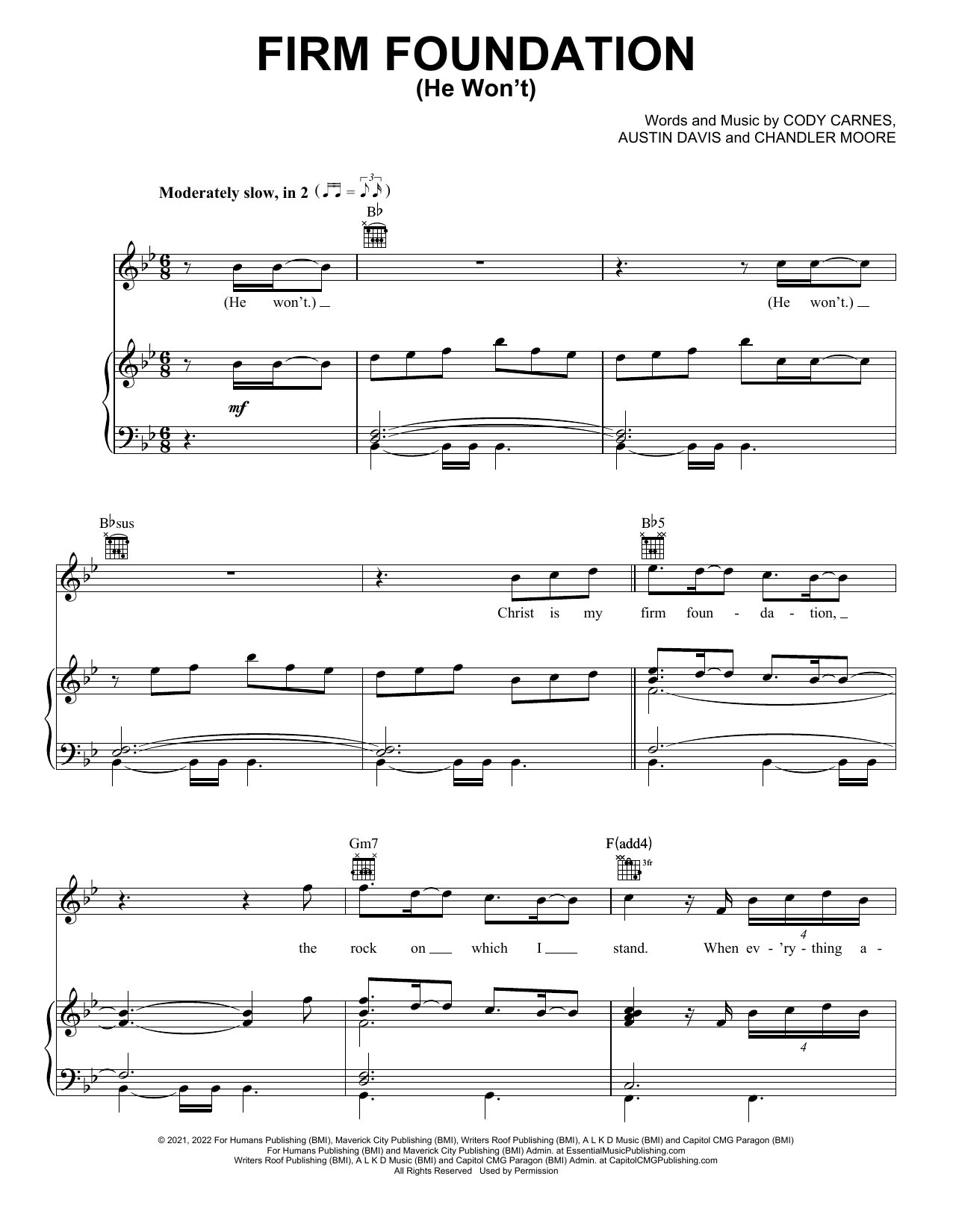 Cody Carnes Firm Foundation (He Won't) Sheet Music Notes & Chords for Piano, Vocal & Guitar Chords (Right-Hand Melody) - Download or Print PDF