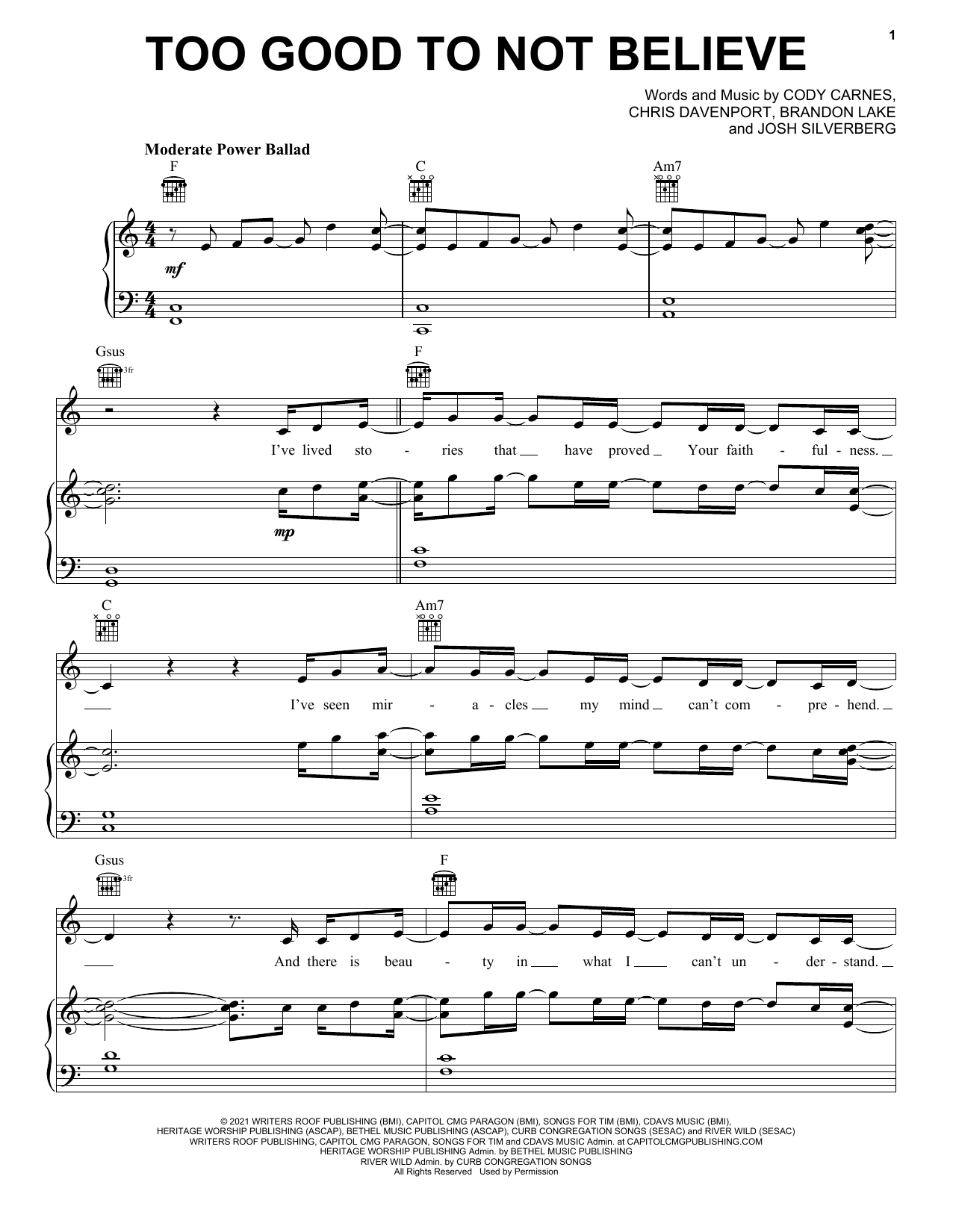 Cody Carnes Too Good To Not Believe (feat. Brandon Lake) Sheet Music Notes & Chords for Piano, Vocal & Guitar (Right-Hand Melody) - Download or Print PDF